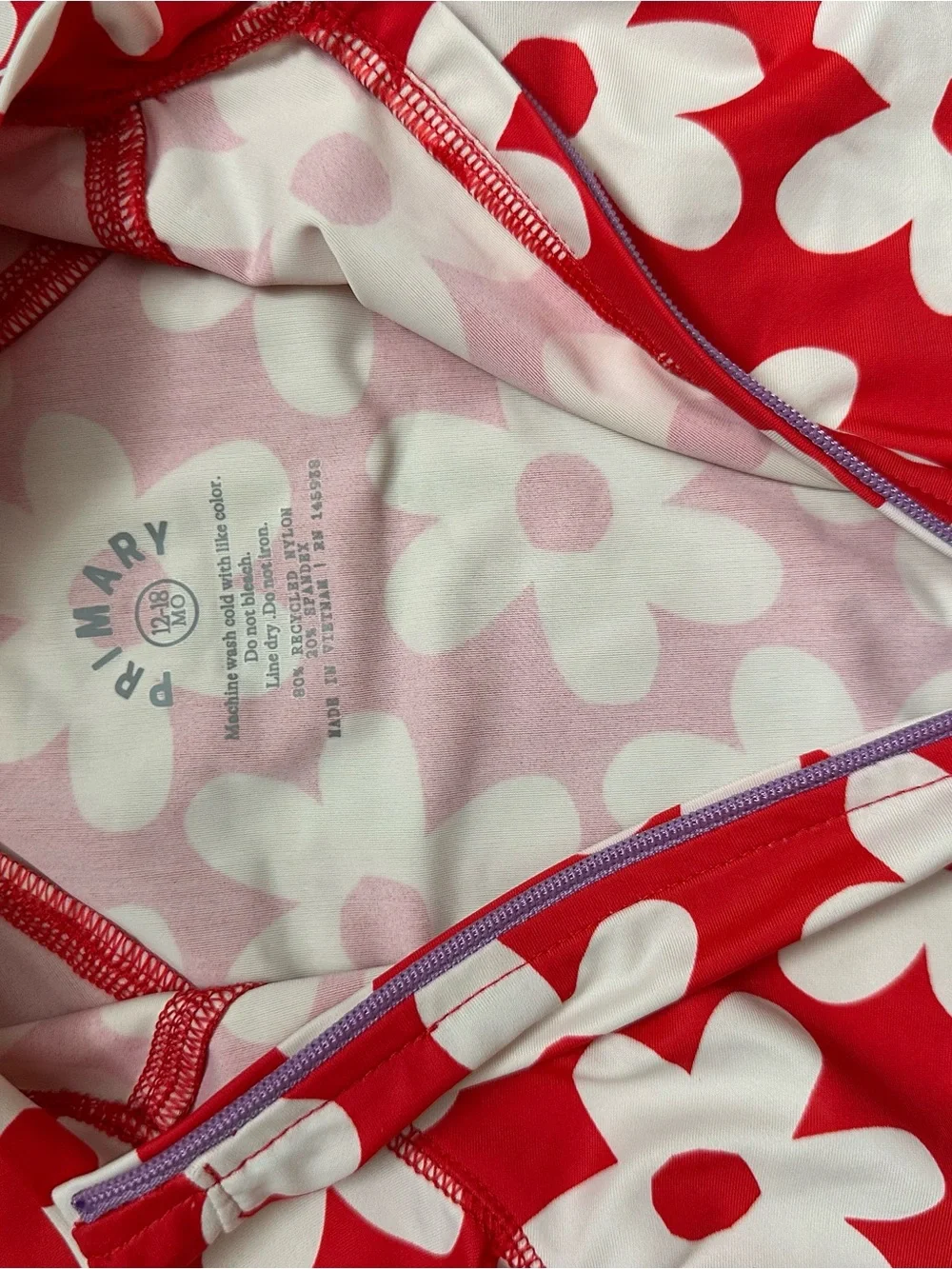 Kids Primary 12-18m Red & White Floral One-Piece Swim Suit with Front Zip